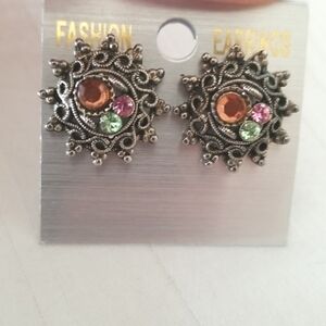 New Silver Rhinestone Floral Sunburst Earrings